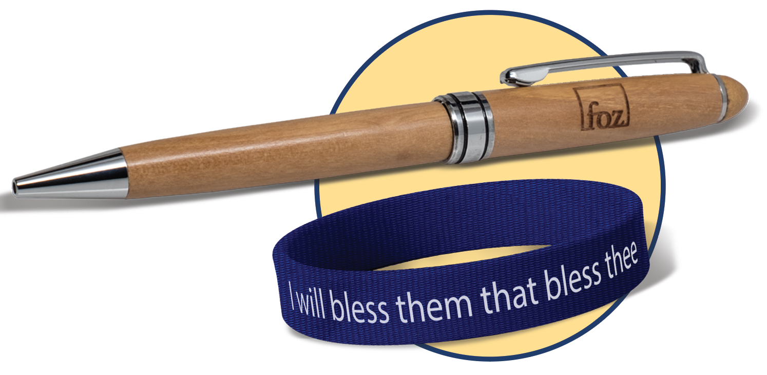 Friends of Zion pen and a wristband